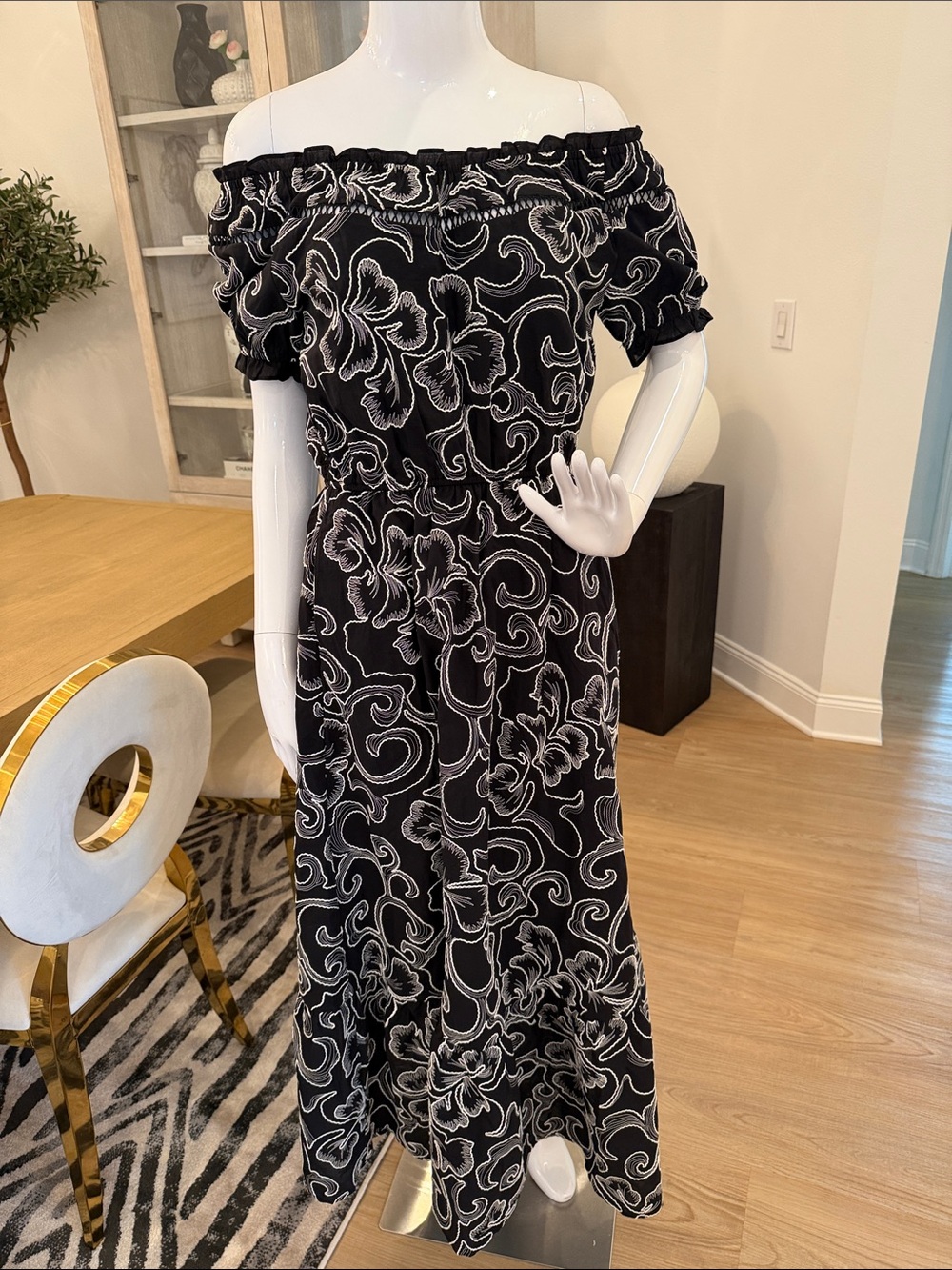 Off-Shoulder Black Floral Maxi Dress